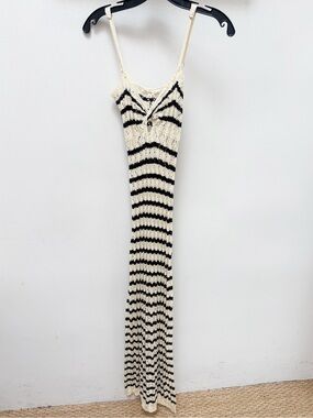 Et Clet Cream & Black Striped Crochet Maxi Tank Dress w Chest Twist Cutout